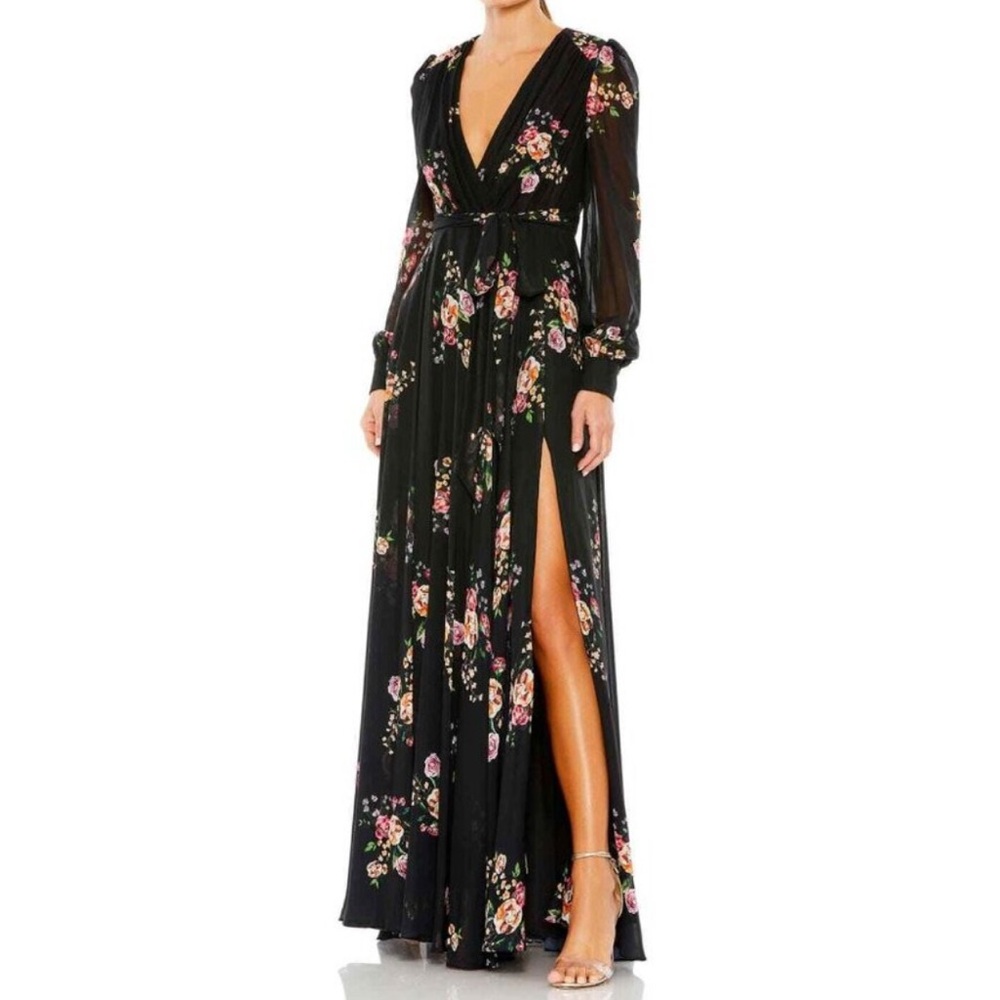 Mac Duggal Black Floral V-Neck Long Sleeve Dress